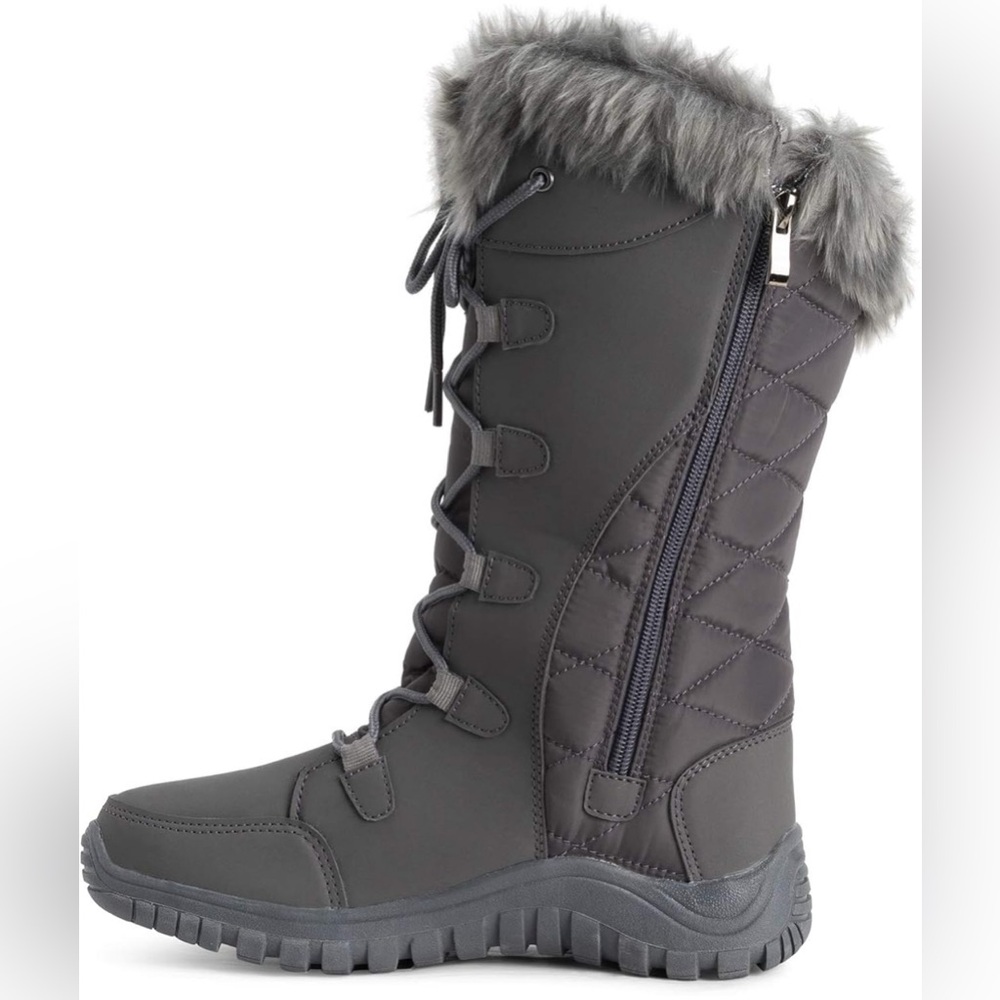 POLAR || Quilted Faux Fur Rubber Nylon Sole Outdoor Tall Boots in Gray - Size 7